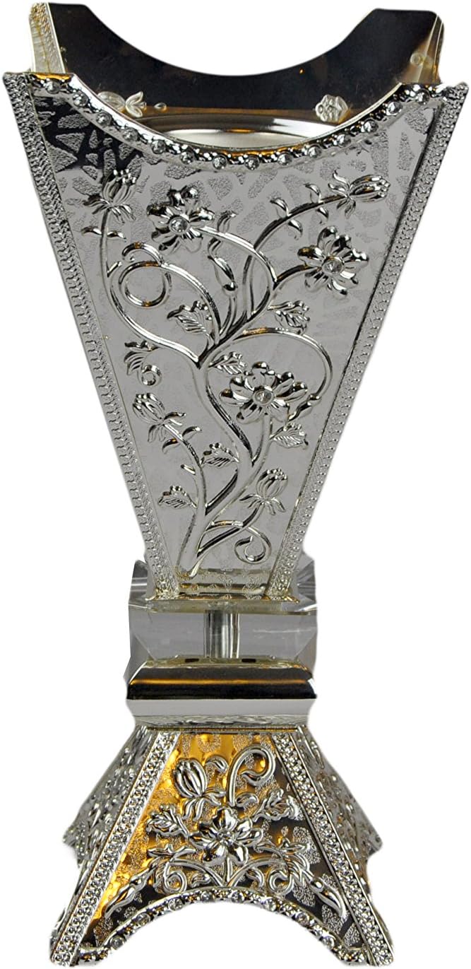 INTENSE OUD 4 Corner Flower Incense Burner – 12 Inch Tall Silver Bakhoor/Oud Burner (Mabkhara) with Metal Tray, Ideal for Aromatherapy, Yoga, Home & Office Decor