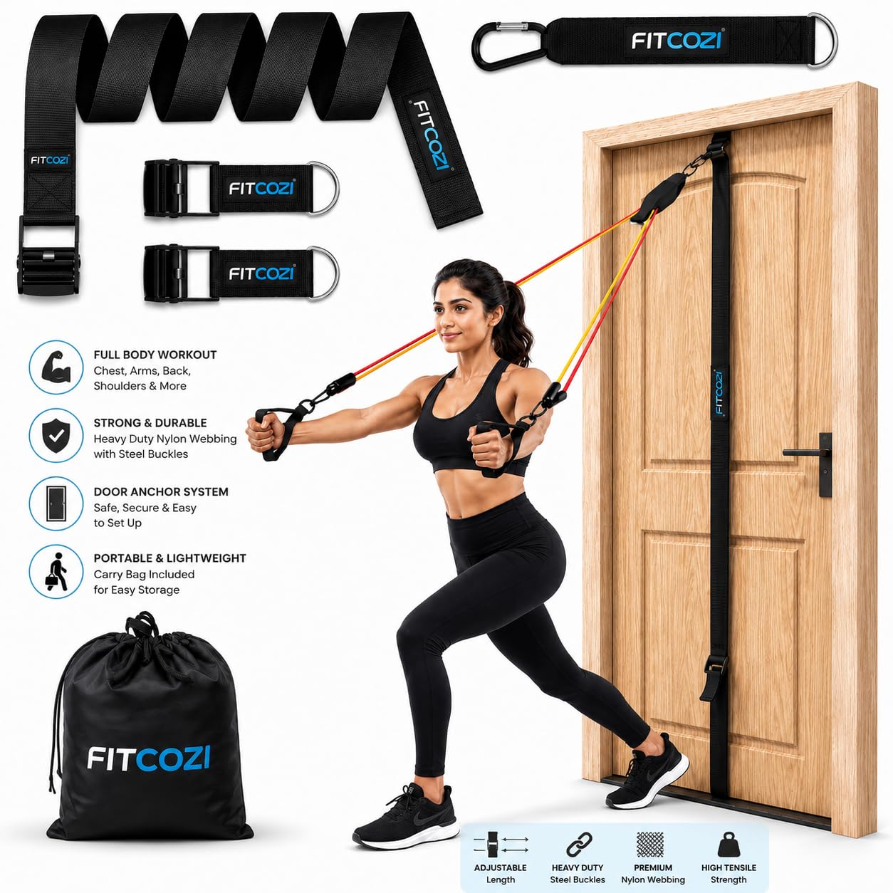 Fitcozi Cable Attachments for Gym - Home Fitness Equipment - Cable Machine Attachments - Crossfit Equipment Gym Handles - Thigh Strap Cable Pulley Workout Equipment Gym (Door Anchor Strap) 1