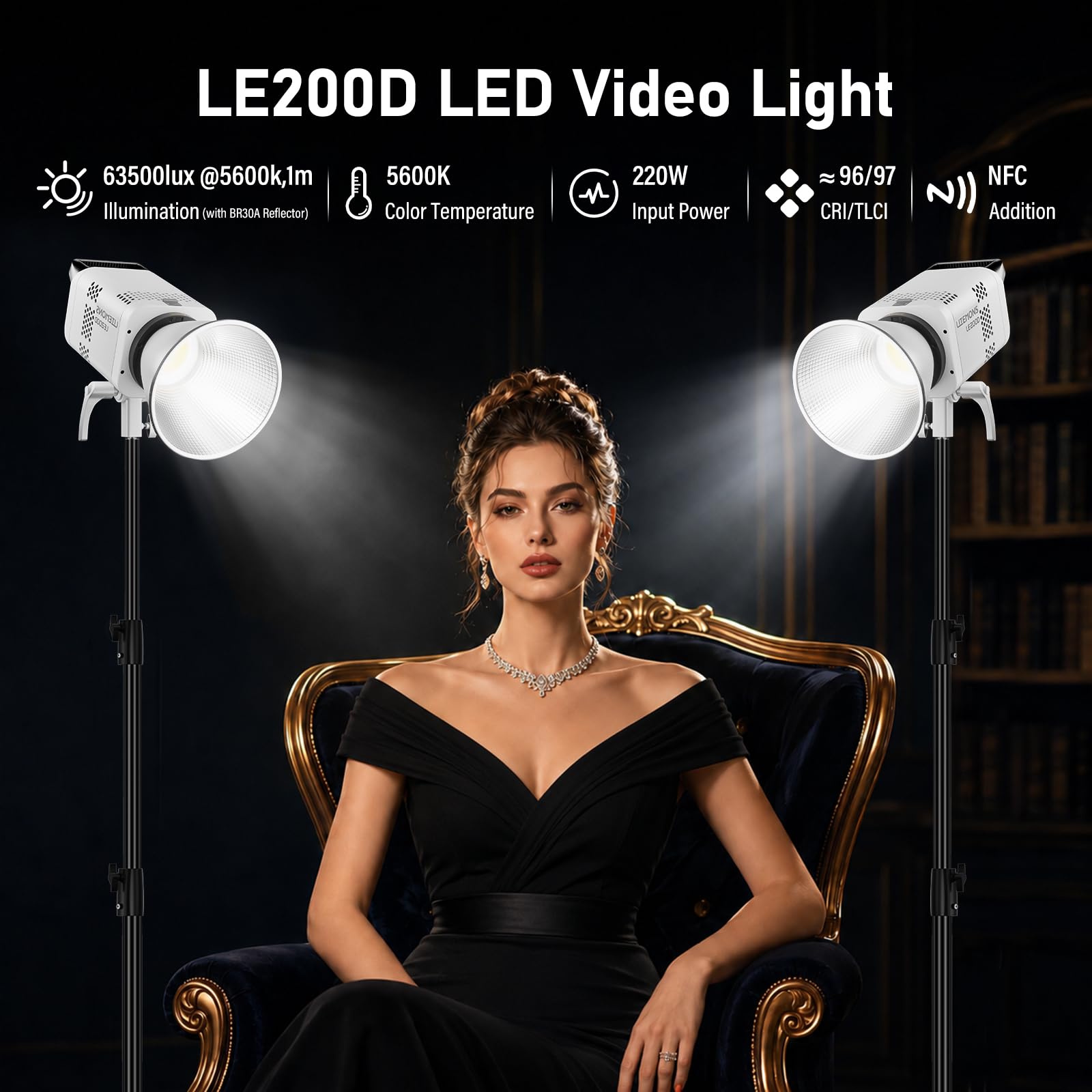 Godox 2-Pack Litemons LE200D LE200 D Éclairage Vidéo LED 200W 63500 lux/1m 5600K TLCI≈97 CRI≈96 Commande Bluetooth 7 Effets Spéciaux avec Monture Bowens Éclairage Videolight pour Le Streaming(Blanc)