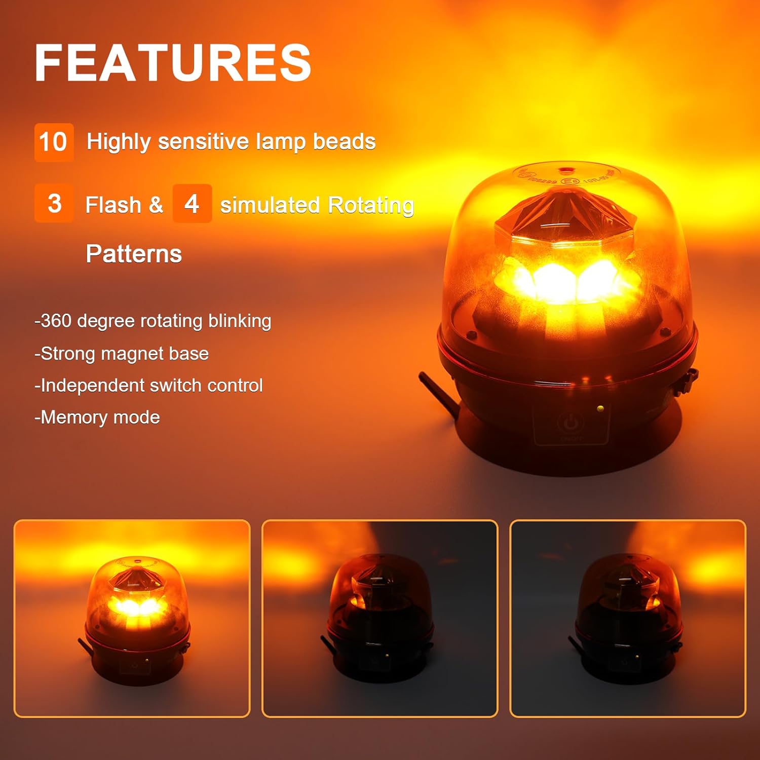 Magnetic Beacon Light Wireless, Portable 12-24V Rotating Warning Lights, Rechargeable Amber Flashing Strobe Lights for Vehicles Trailers Trucks Tractor Bus Forklift Cars