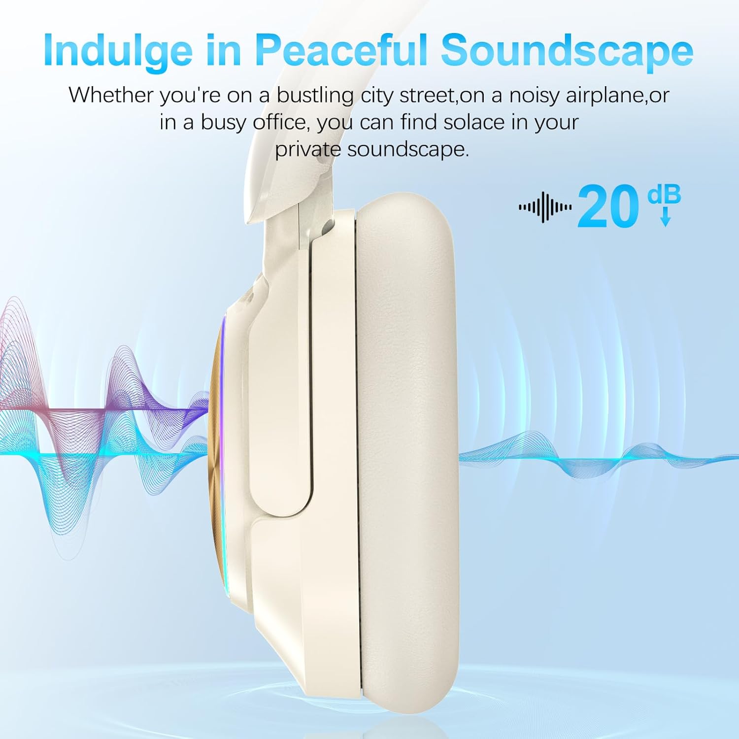 Noise Cancelling Over Ear Wireless Bluetooth Headphones with Microphone, 65h Playtime, Clear Calls, Comfort Fit for Travel (Beige) - Image 5