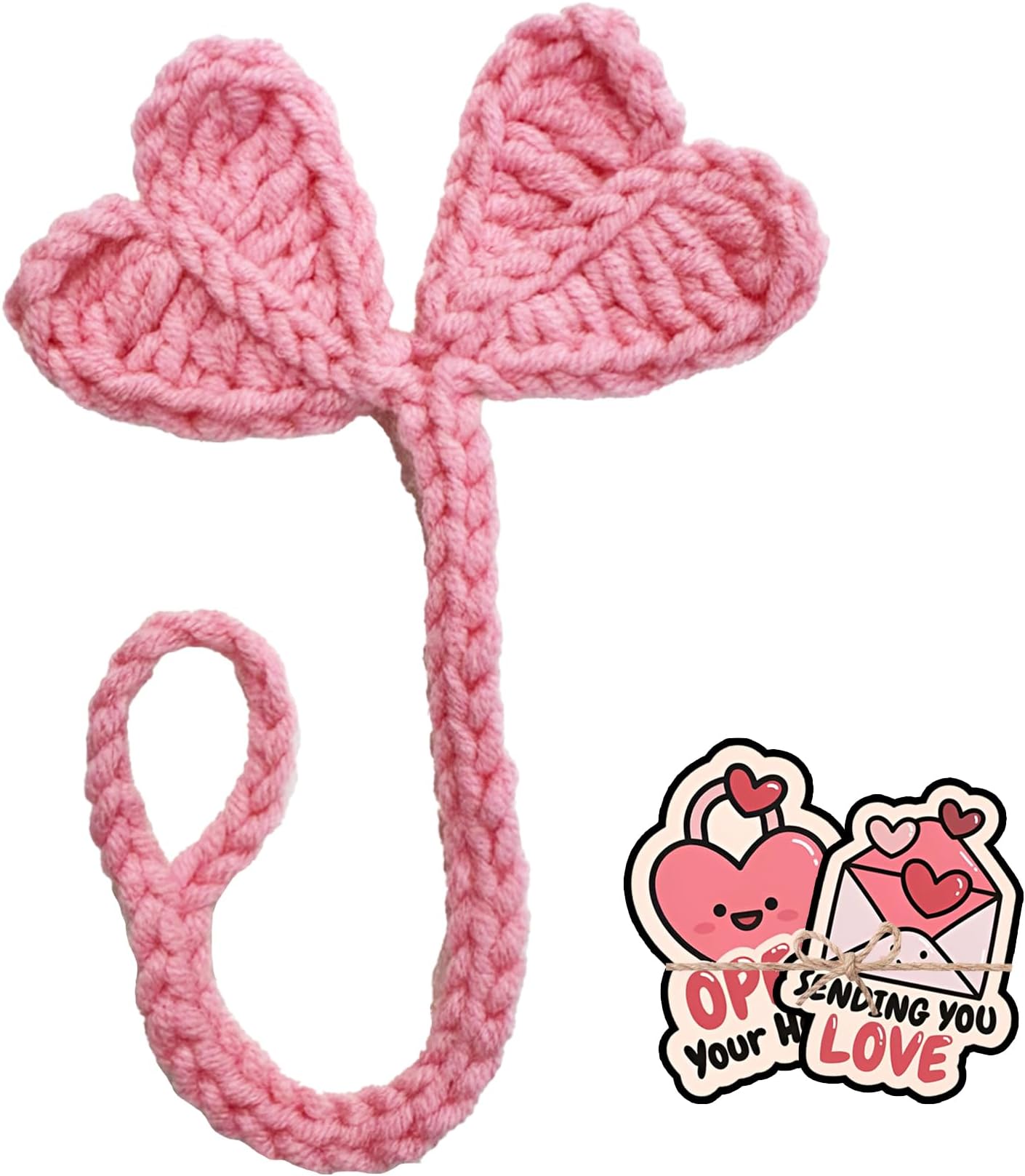 Crochet Pink Heart Leaf Sprout, Handmade Valentine's Gift Idea, Ideal Corner Bookmark for Bookworms, Love Headphone Accessory and Cable Tie Crochet Cable Tie, Crochet Cord Organizer