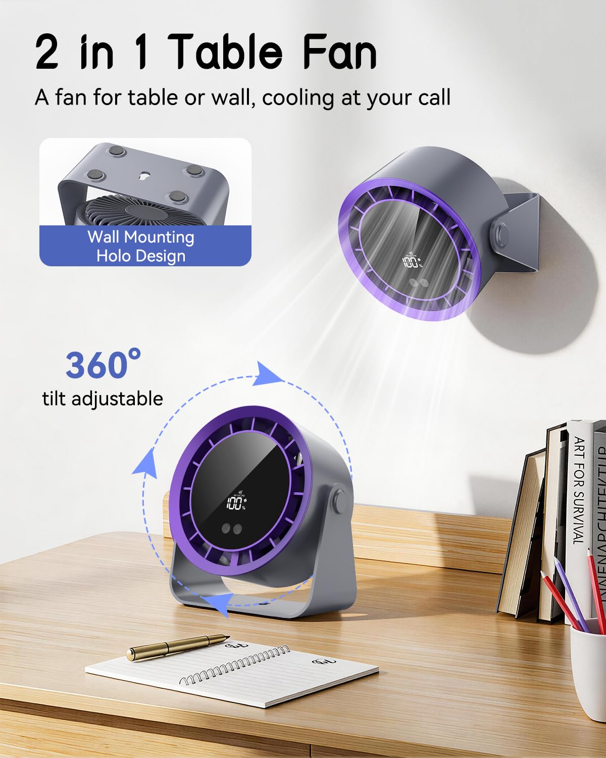 Timiyou Schreibtischventilator, 6,7 Zoll, leistungsstarker tragbarer Tischventilator mit 100 Geschwindigkeiten, ultra-leise, LED-Anzeige, Touch-Steuerung, 360° Neigung, USB-C-wiederaufladbarer 3600