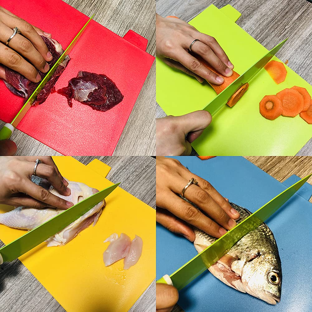 Schneidebrett, 4er-Set，Schneidebretter aus rutschfestem Kunststoff mit Farbcode und Aufbewahrungsbox Spülmaschinenfest