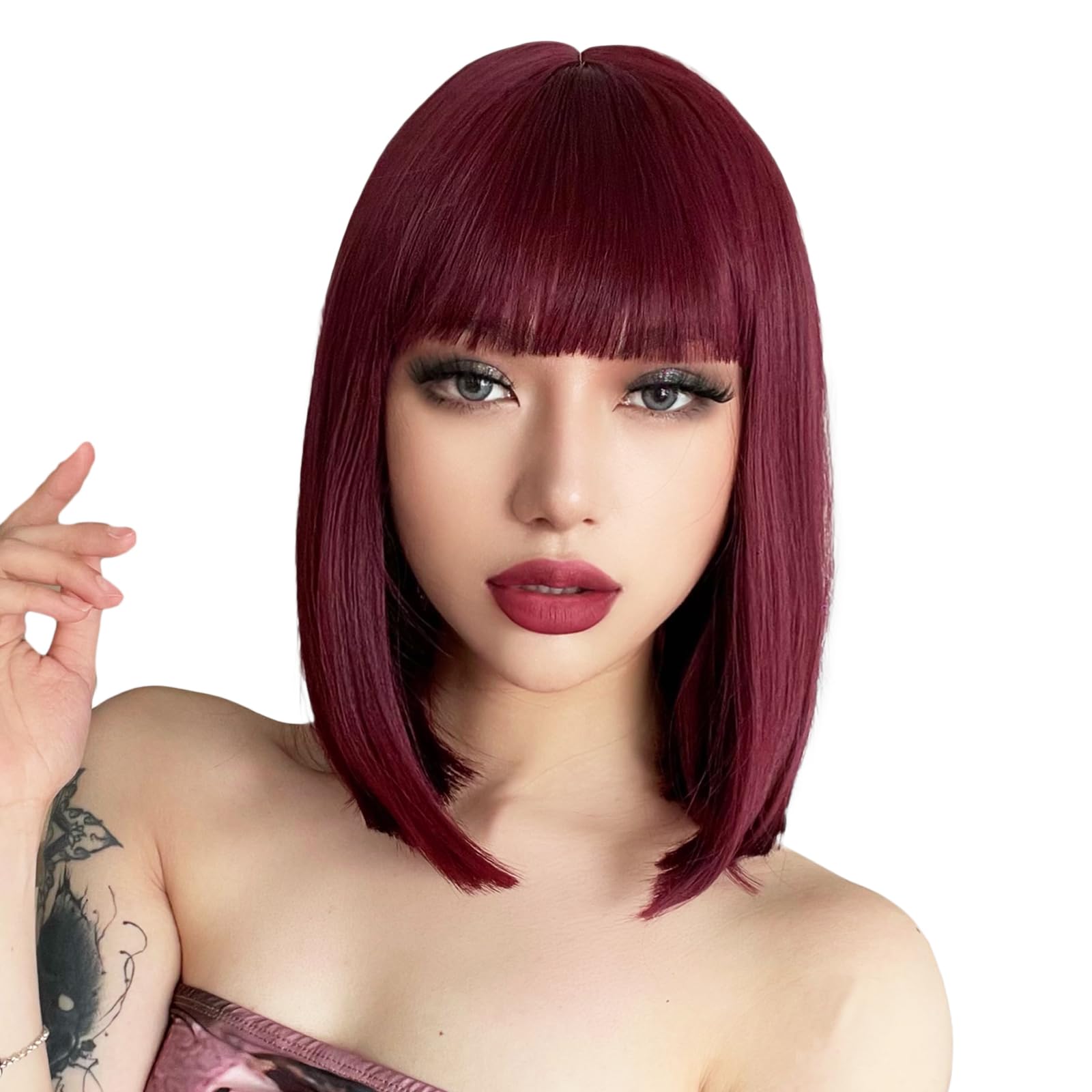 Cheap Red wine burgundy short bob wig Short Wine Red Wig with Bangs Bob Curly Wavy Hair Wigs for  main image 2