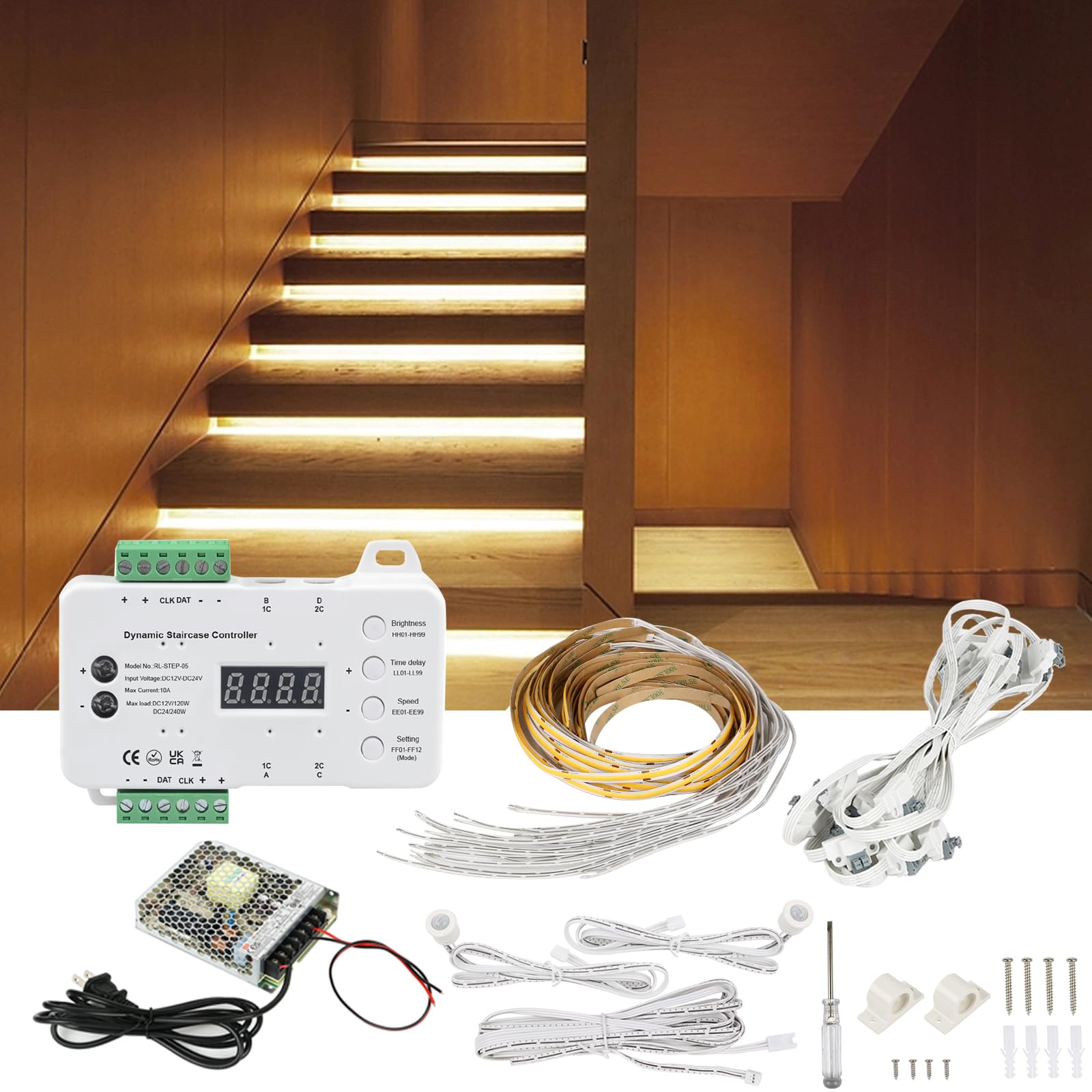 Copgge Indoor LED Stair Light Motion Sensor Complete Set Stair Running Light with COB LED Strip Cascading Stairwell Lighting Under Tread Staircase for 16 Step New Construction