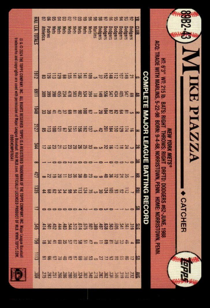 Amazon.com: 2024 Topps 1989 Baseball #89B2-43 Mike Piazza NM-MT