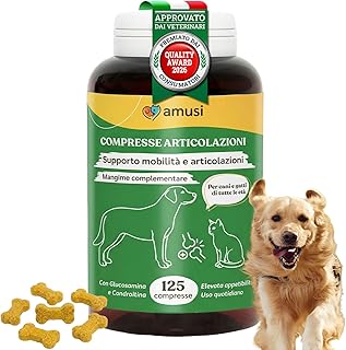 amusi Integratore Articolazioni Cane 125 Compresse – Mangime Complementare per Articolazioni Cane con Glucosamina Condroitina MSM e Curcuma, Supporto alla Mobilità Quotidiana e Benessere Articolare