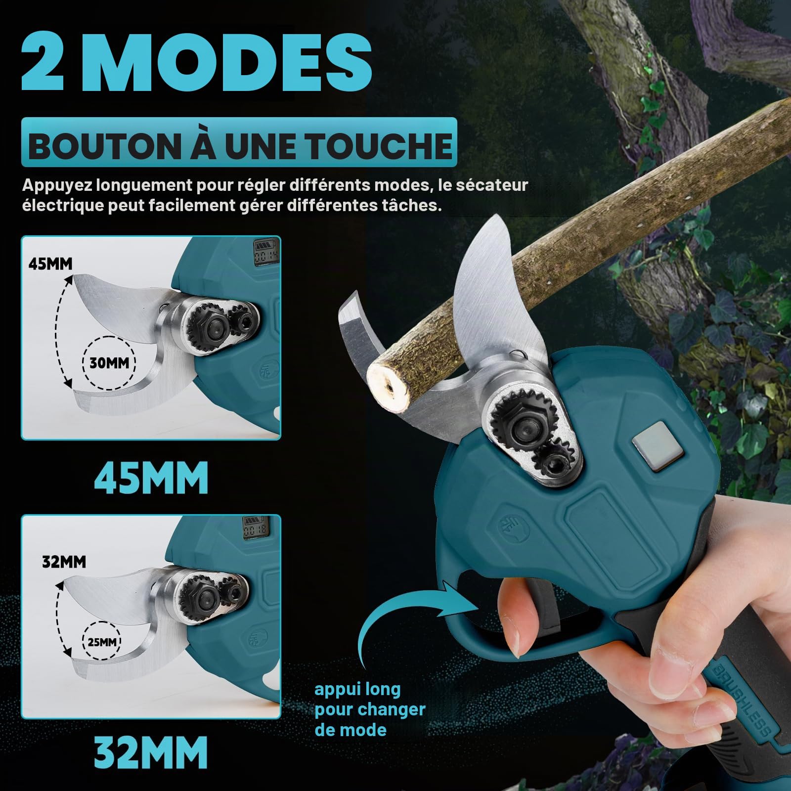 Sécateur électrique sans fil 45 mm compatible avec batterie Bosch GBA 18 V Moteur sans balais Scie d'élagage électrique Ciseaux LCD pour tailler les arbres fruitiers
