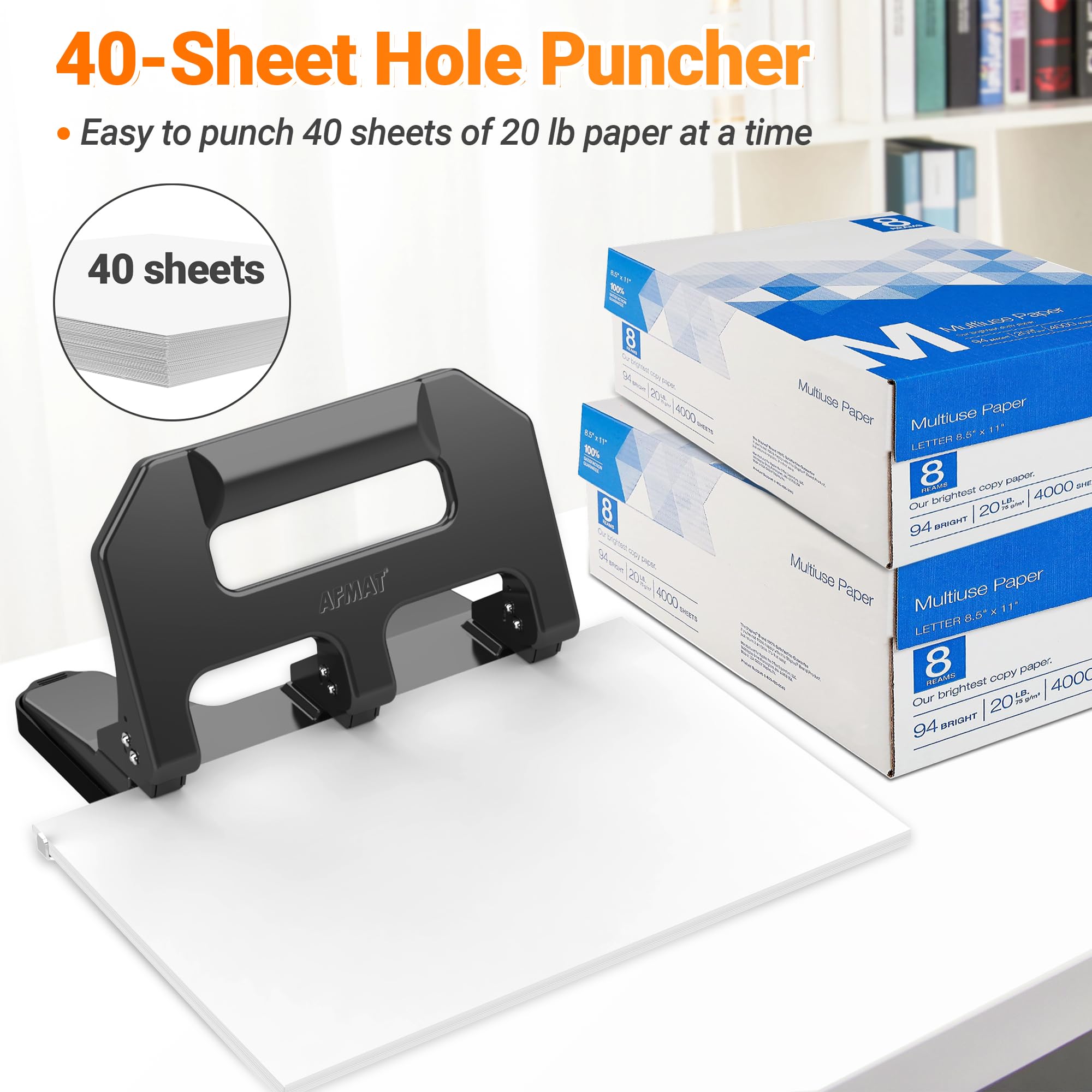 Perforatrice a 3 fori, AFMAT Hole Puncher 3 anelli, 3 fori per raccoglitore, Perforatrice a tre fori resistente, 50% di sforzo ridotto, struttura in metallo, guida carta SS integrata, capacità 40