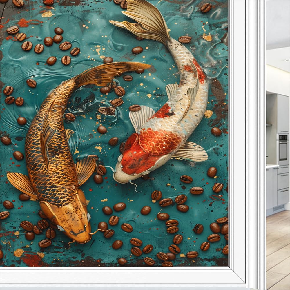 Pmlbaous Colorful Carp Fish Window Film Privacy Vintage Animals Rustic Window Clings For Glass Decorative Stickers Static Cling Sun Blocking Coverings 45X60 Cm