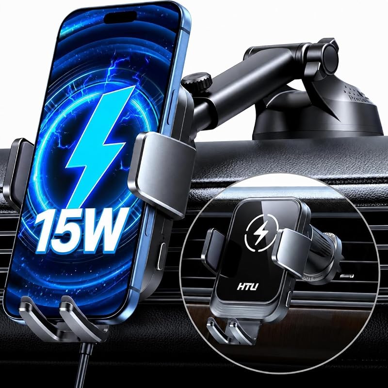 2026 Upgraded Wireless Car Charger Mount, 【Strongest Suction & Military-Grade Certs】 15W Fast Charging Auto-Clamping Phone Holder for Dash Windshield Air Vent, Fit for iPhone & Android, Jet Black
