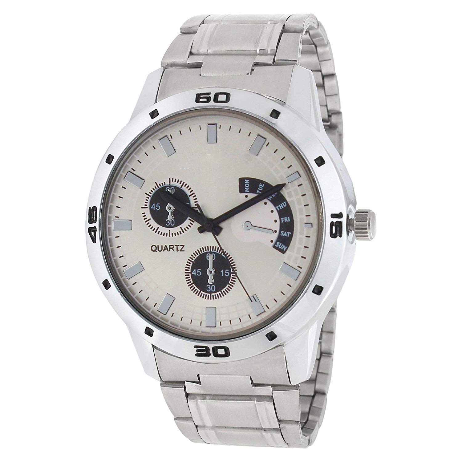 Mens White Dial Analog Wrist Watch with Stainless Steel Chain (B0D7PYFXP8) Amazon Price History, Amazon Price Tracker