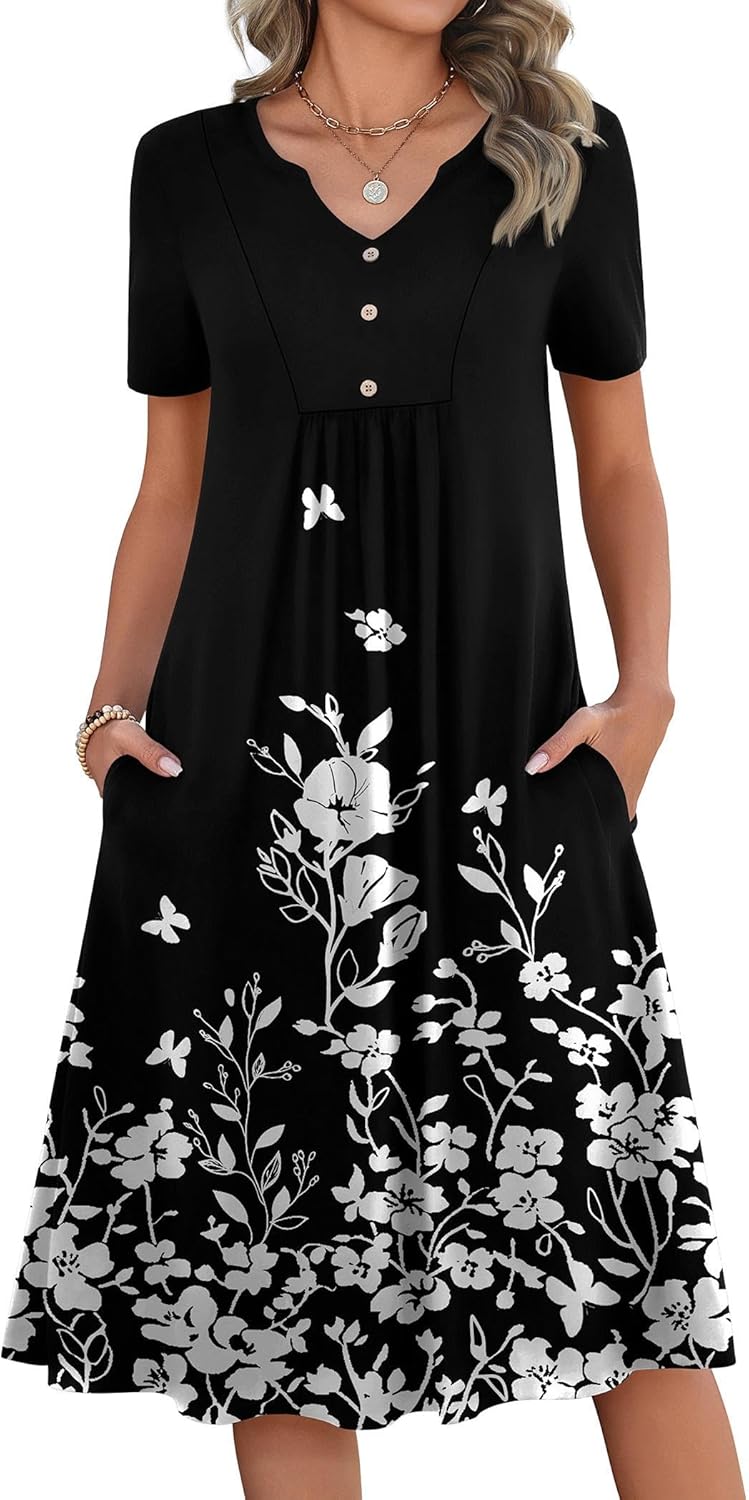 Zeagoo Women Summer Dresses Casual Short Sleeve Midi Dress with Pockets Floral A Line V Neck Beach Vacation T Shirt Sundress