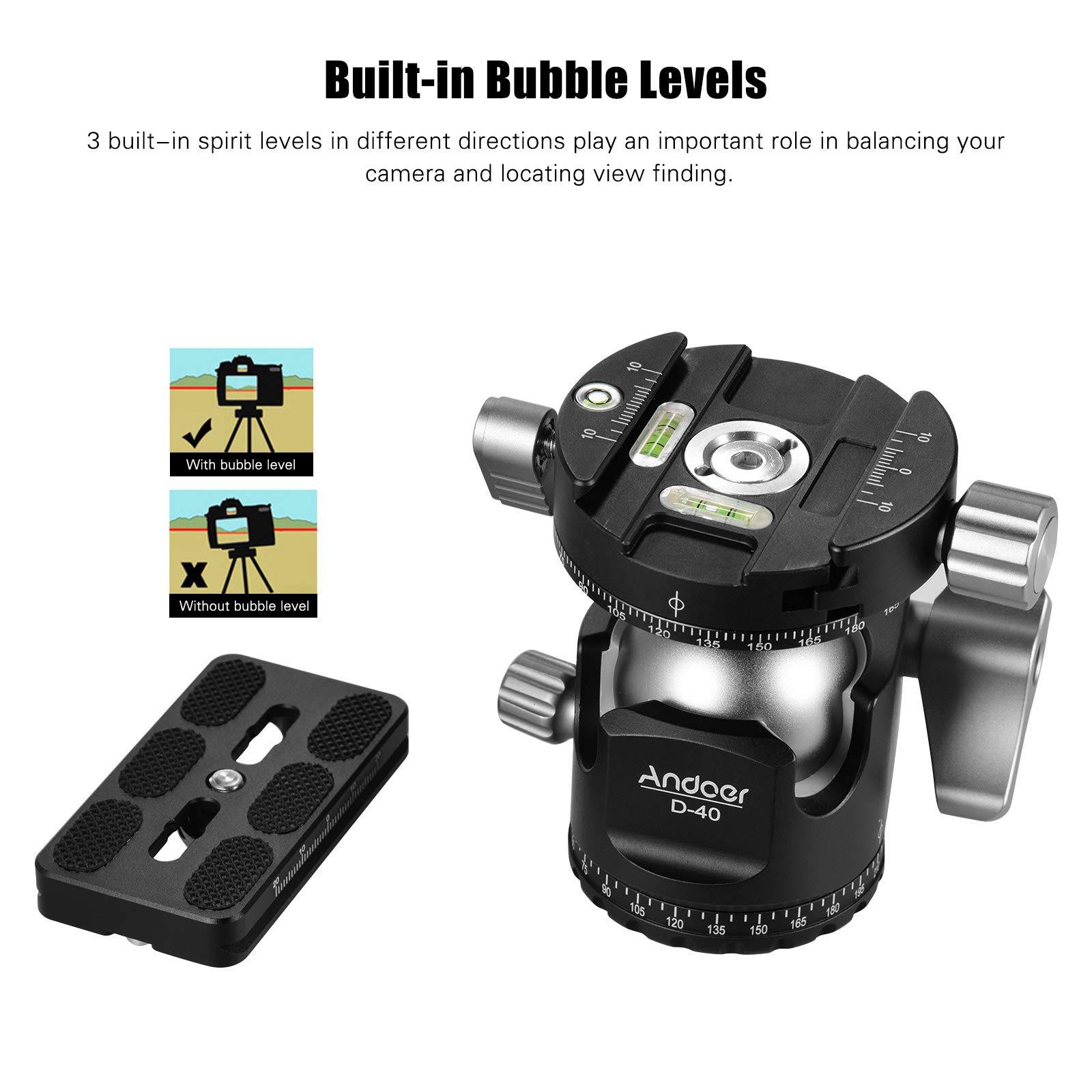 Andoer Testa a sfera panoramica, testa a sfera per fotocamera, design a U, centro di gravità basso, supporto per treppiede, monopiede, fotocamere DSLR-ILDC, portata massima 25 kg