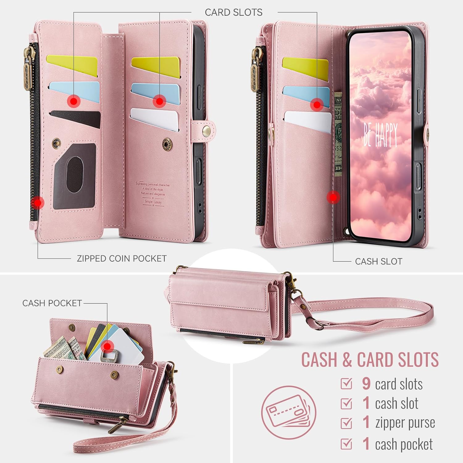 Wallet Case for iPhone 17, with RFID Blocking, Crossbody Shoulder Strap, Zipper Pocket, 9 Card Slots, Cash Pocket, Multi-Functional Phone Case, Purple