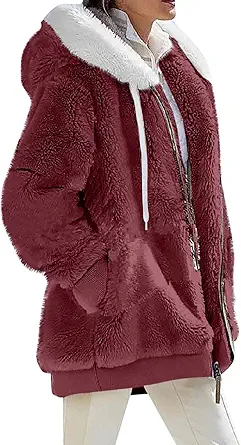 Fuzzy Fleece Jackets for Women Plus Size Hoodies Fall Winter Coats Color Block Patchwork Cardigan Coat with Pockets