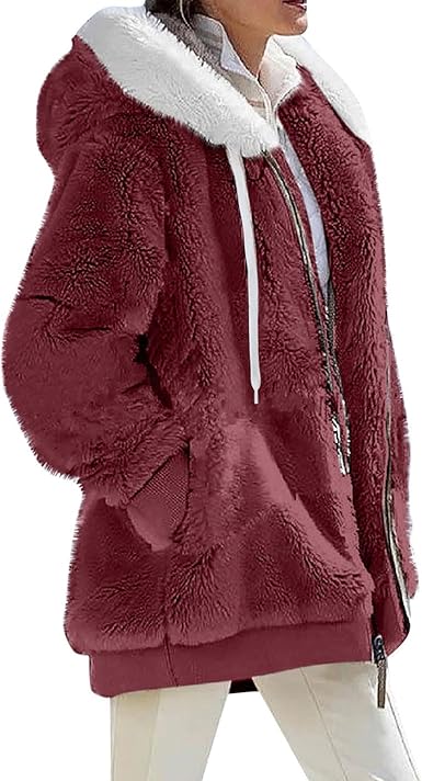 Fuzzy Fleece Jackets for Women Plus Size Hoodies Fall Winter Coats Color Block Patchwork Cardigan Coat with Pockets
