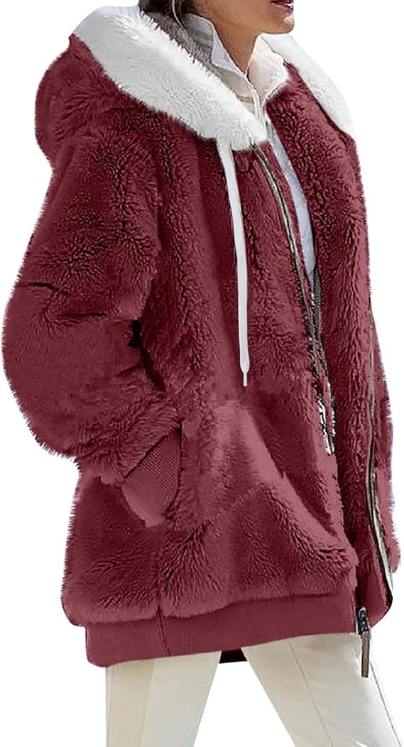 Fuzzy Fleece Jackets for Women Plus Size Hoodies Fall Winter Coats Color Block Patchwork Cardigan Coat with Pockets