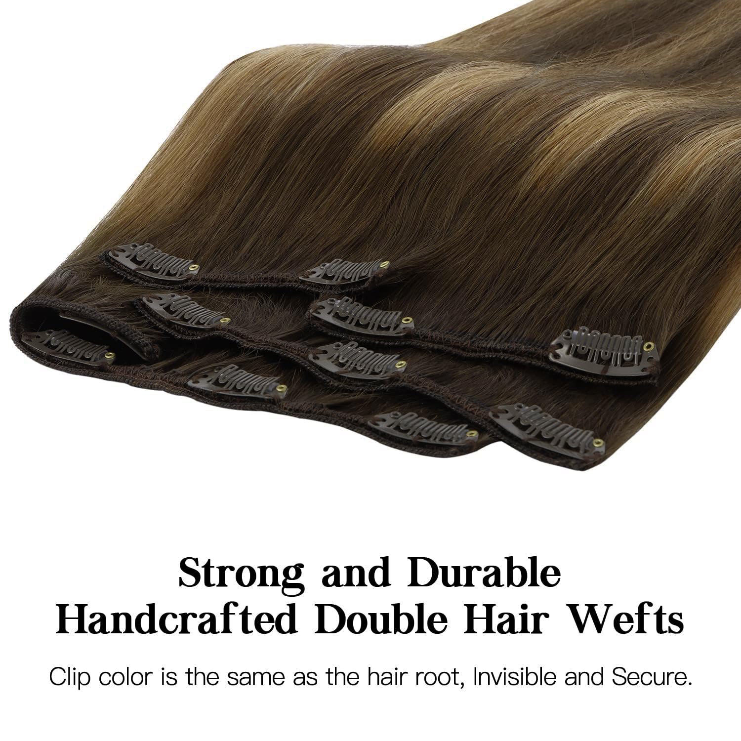 HOTBANANA Human Hair Clip in Hair Extensions, Balayage Chocolate Brown Mixed Caramel Blonde 120g Hair Extensions Real Human Hair Straight Remy Hair Dark Roots Ombre 16 Inch 7pcs