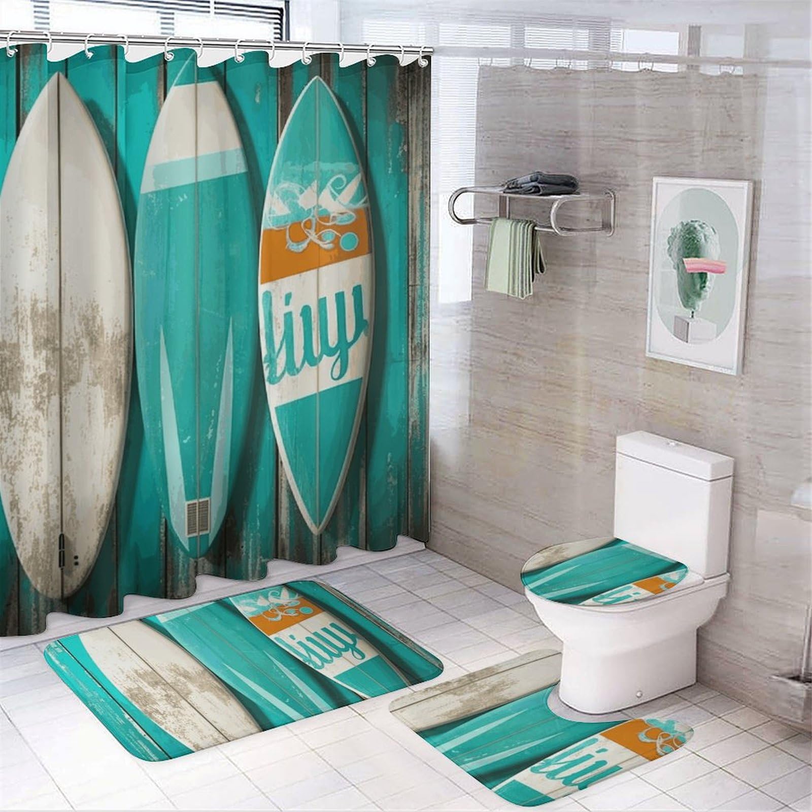 Planche de surf rideau de douche turquoise 4 pièces avec tapis de bain en polaire antidérapant