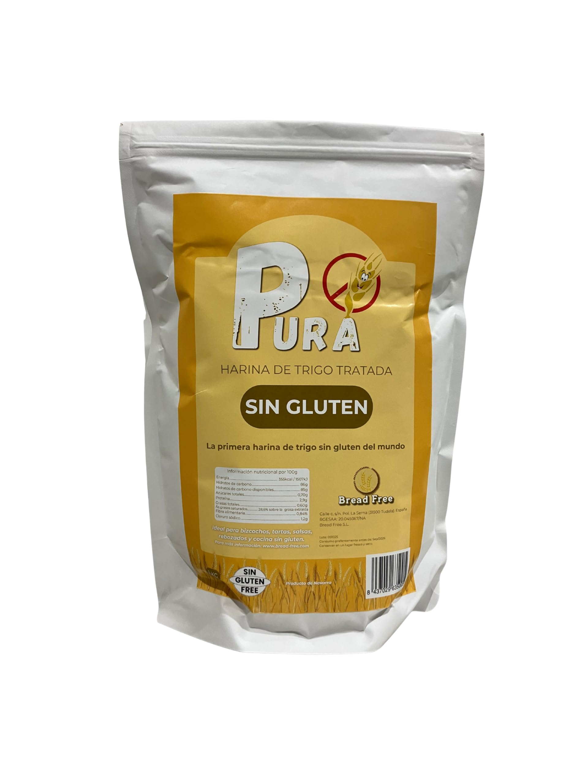 PURA Harina de Trigo Tratada Sin Gluten 1kg – Apta para Celíacos, Sin Alérgenos, Vegana, No OGM, Harina Versátil para Repostería y Cocina Sin Gluten, Envase Doypack ZIP 1 Kg (Paquete de 1)