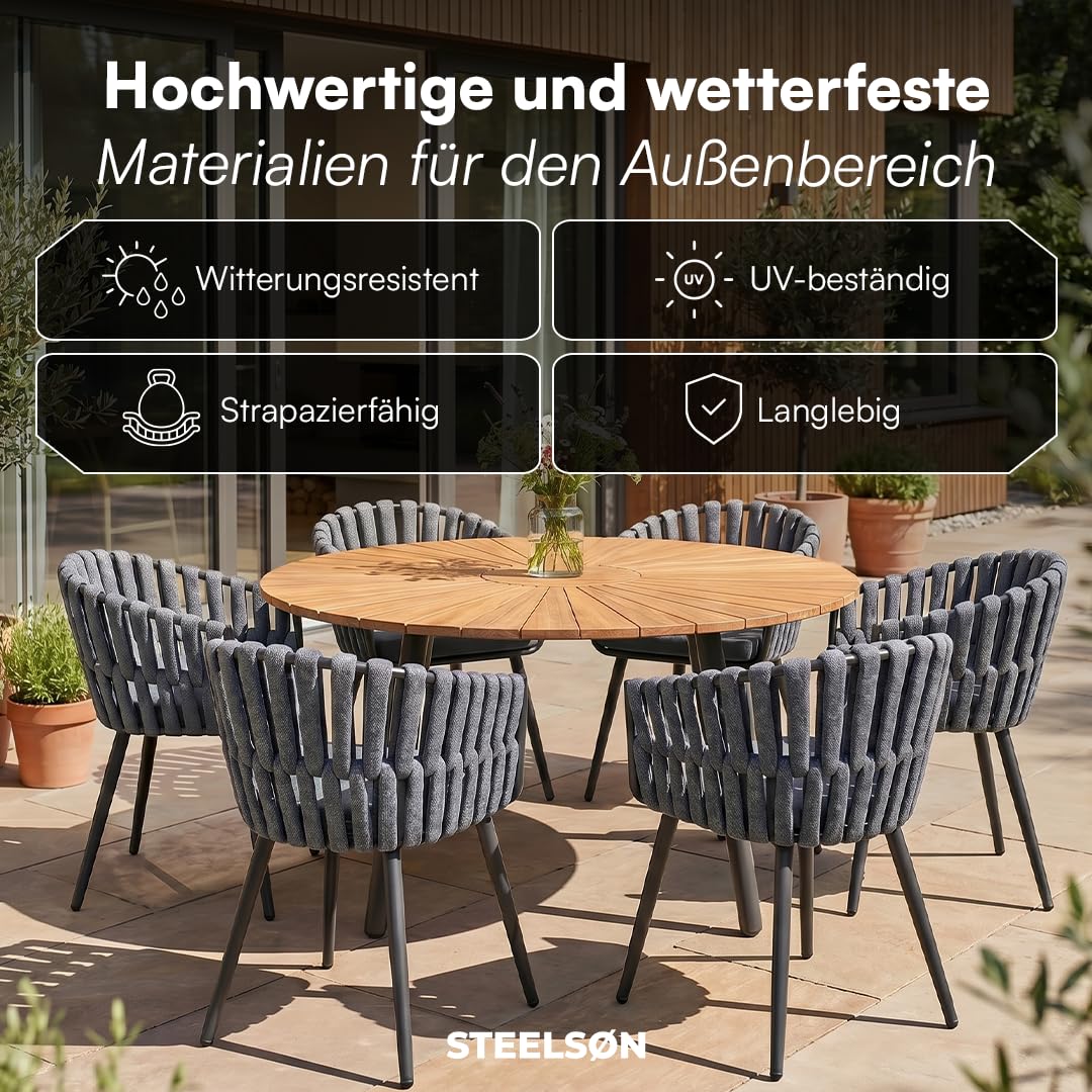 STEELSØN Tarian Gartenstühle im Rope Design – Stühle 6er Set mit Sitzkissen – Loungesessel Indoor/Outdoor – aus Kunststoffgeflecht & Dicke Sitzpolster Garten/Terrasse/Balkon – Stahlgestell dunkelgrau