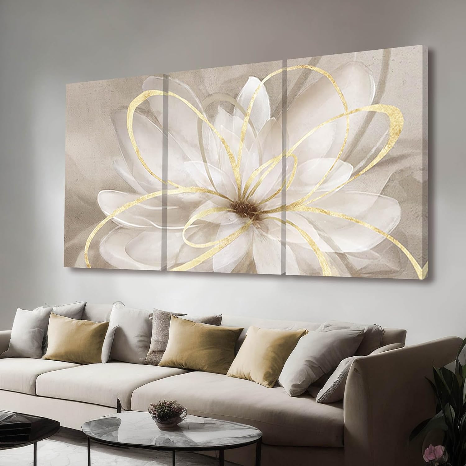 Kureful Gold Wall Art Pictures for Bedroom Flowers Wall Decor Floral Posters Art 3 Piece Wall Decorations Minimalist Decor for Walls 20"x 26"x 3 20"x26"x3 Gold