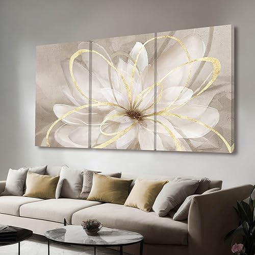 Kureful Cuadros de Arte de Pared Dorados para Dormitorio Flores Decoración de Pared Pósters Florales Arte de 3 Piezas Decoraciones de Pared