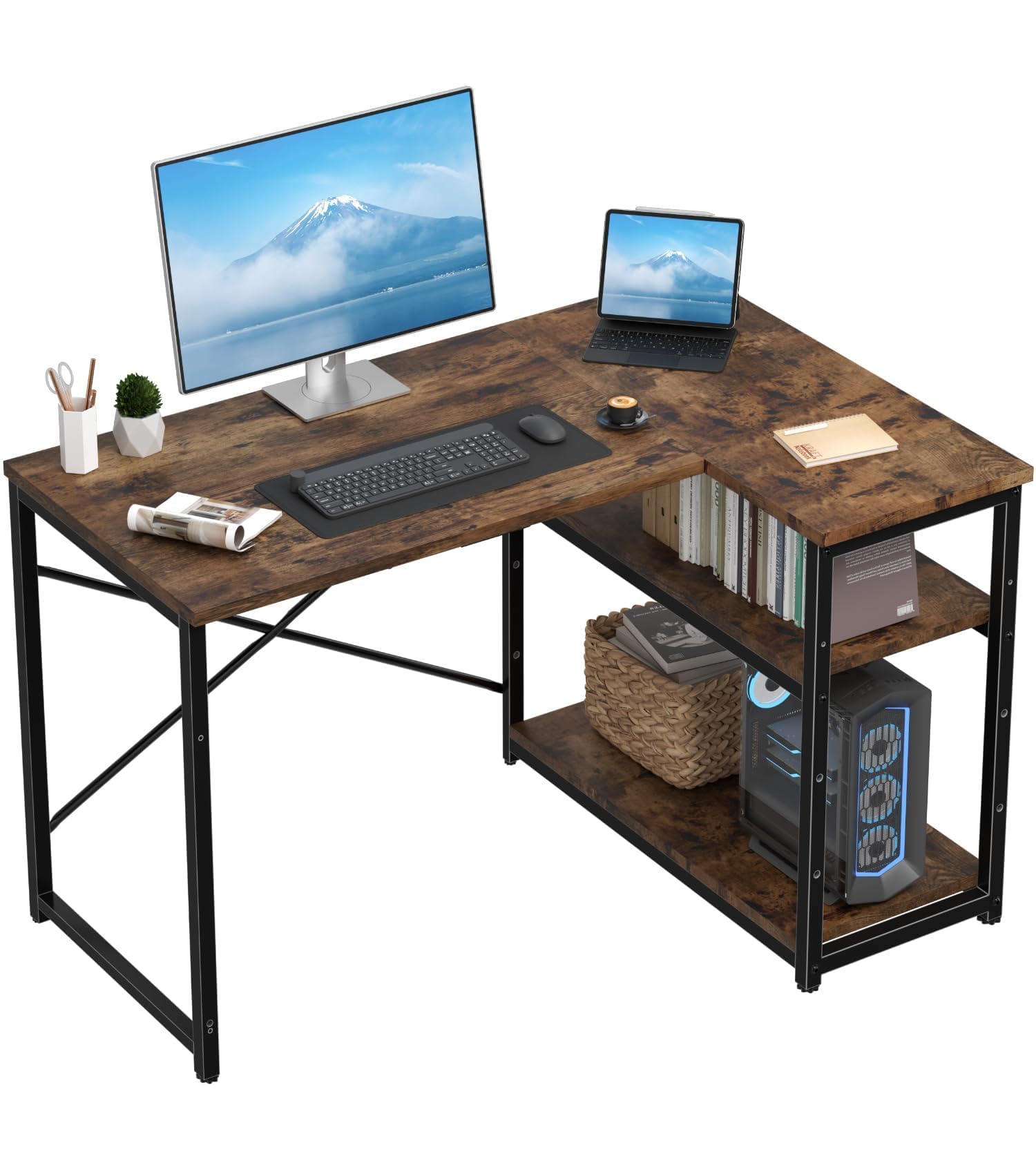 100 * 80cm L Shaped Computer Desk with Reversible Large Storage Shelves, Corner Desk Computer Workstation Matching Under Desk Height Adjustable Storage, Home Office Work Table Brown