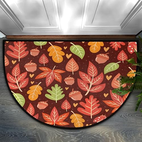 Fall Autumn Maple Acorns Half Round Doormat Washable Semi Circle Area Rug Non Slip Absorbent Half Moon Rugs for Indoor Outdoor Kitchen Bathroom