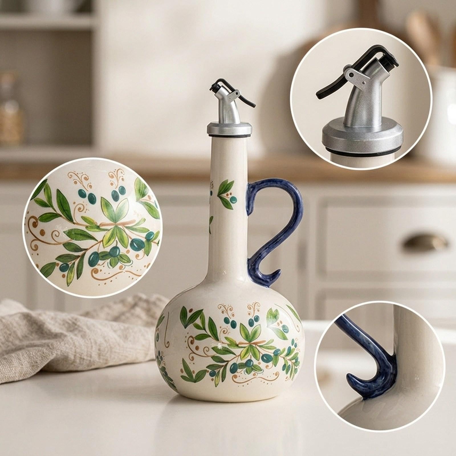 Qianly Botella Dispensadora Aceite Vinagre Cerámica Oliva Recipiente Especias Vertedor Automático Moderno Elegante Almacenaje Líquidos Apta para Cocina Uso D, Verde, Individual
