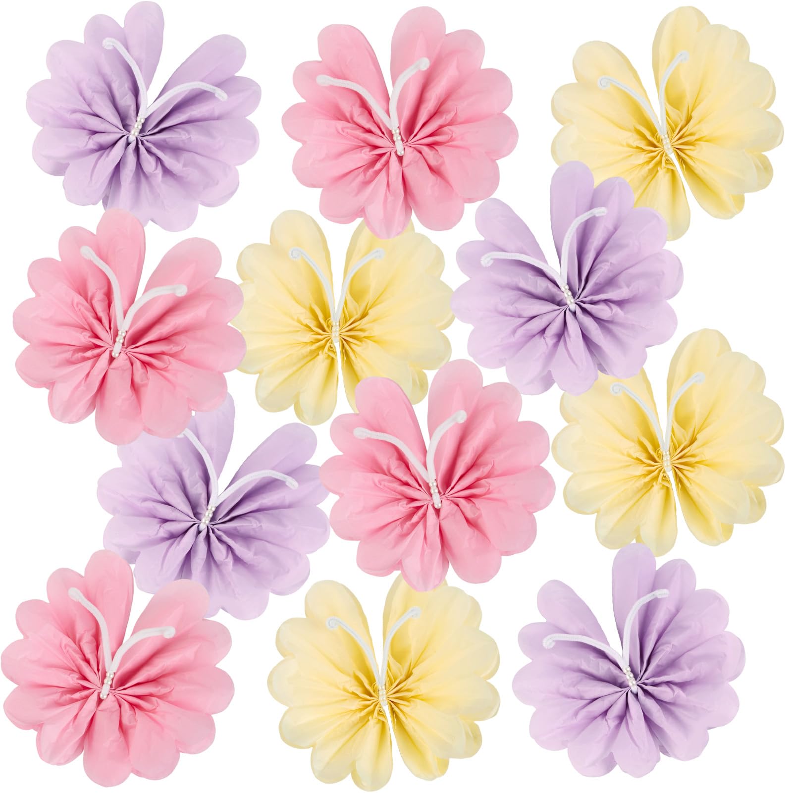 Photo 1 of 12PCS Butterfly Tissue Paper Pom Poms, 3D Butterfly Birthday Party Decorations, Khaki Pink Purple Butterfly Hanging Decorations for Girls Wedding Baby Shower Decor