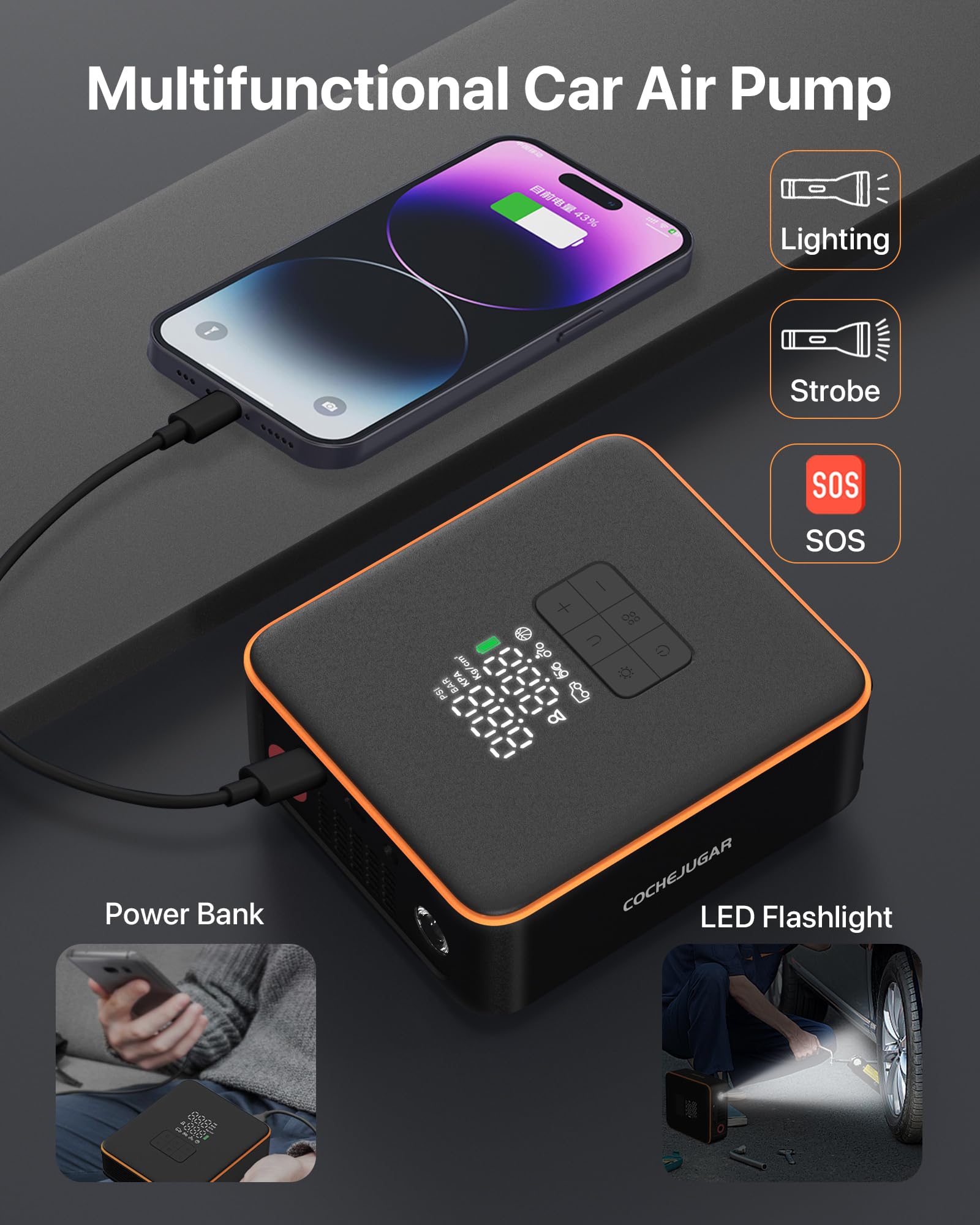 Compresor de aire portátil para inflador de neumáticos, bomba de aire inalámbrica para automóvil, SUV, bicicletas y más, inflado 5 veces más rápido con 7800 mAh 12 V CC, doble potencia,