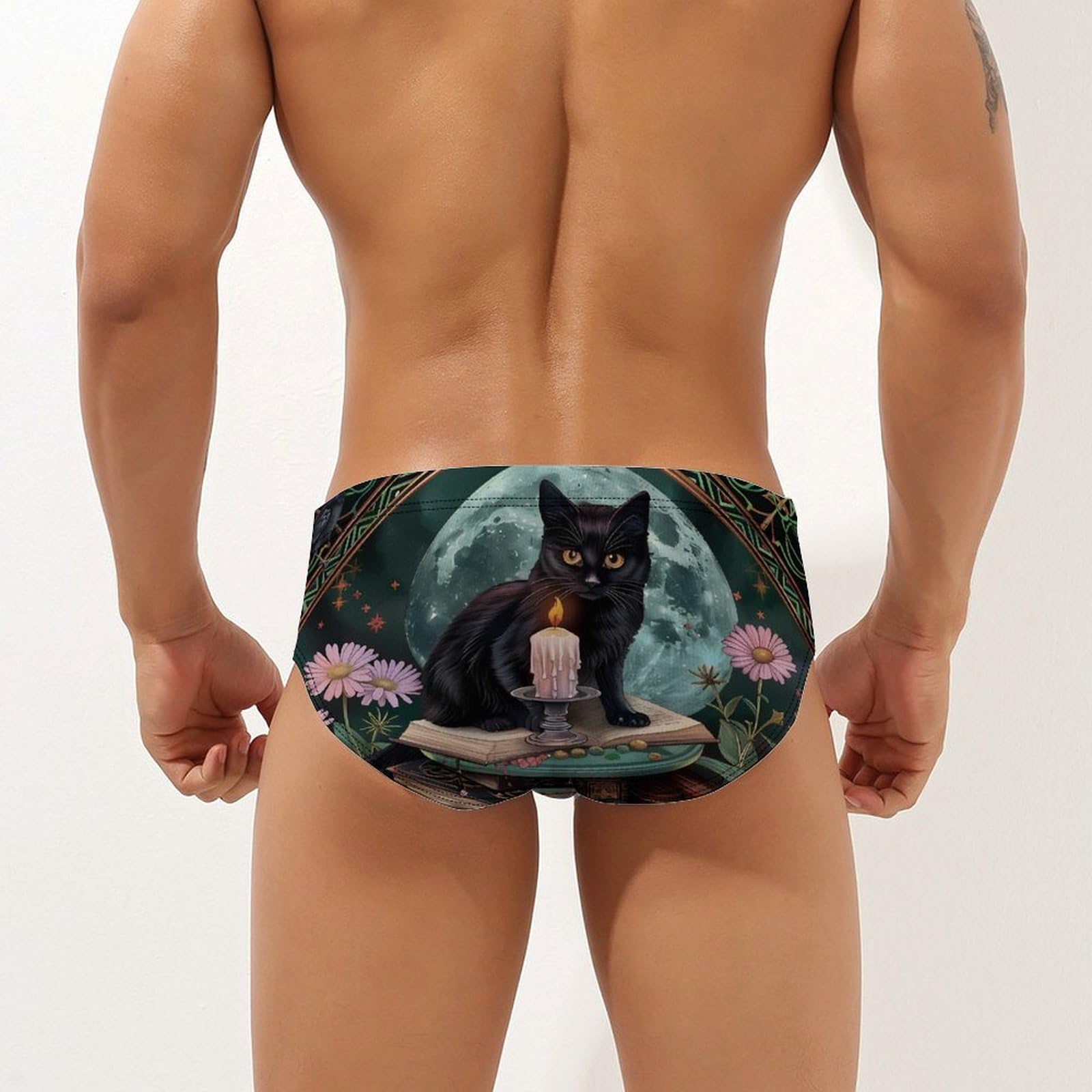 Gothic Cat Crow Daisy Floral Mens Swim Briefs Bikini Swimwear Print Beach Shorts Sexy Swimsuit XL