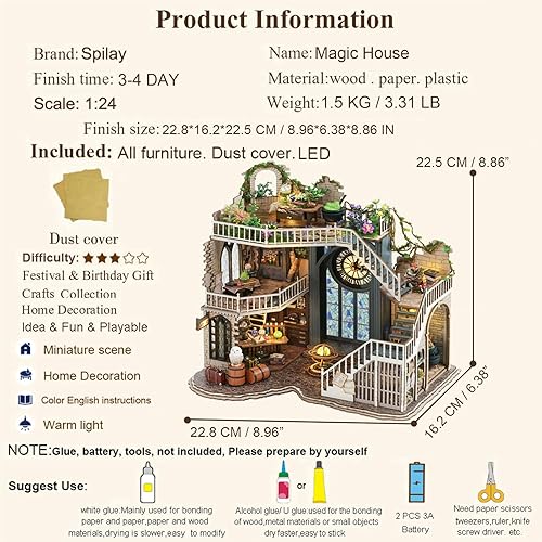 Miniatura 4 de Spilay Kit de muebles de madera de casa de muñecas en miniatura, modelo moderno hecho a mano con cubierta antipolvo, casa de muñecas creativa a