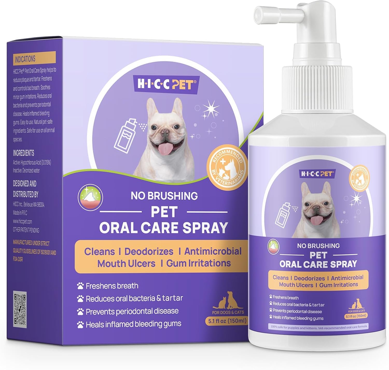 HICC PET Spray buccal pour Chiens & Chats, après Le Repas Contre la Mauvaise haleine, sans brossage, Soin Quotidien, 150 ML