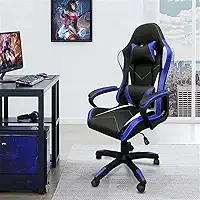 Cadeira de jogos com encosto alto, apoios de braços fixos em quatro pontos, altura ajustável (Azul)
