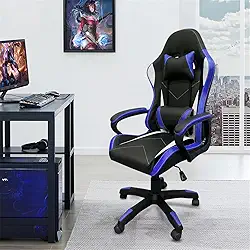 Cadeira de jogos com encosto alto, apoios de braços fixos em quatro pontos, altura ajustável (Azul)