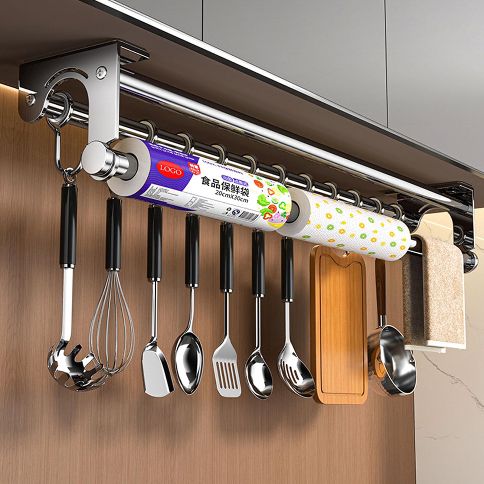 Portacoltello montato a parete, portautensili da cucina salvaspazio con ganci, portautensili da cucina pala, facile da pulire (Silver, 40CM+8Hooks)