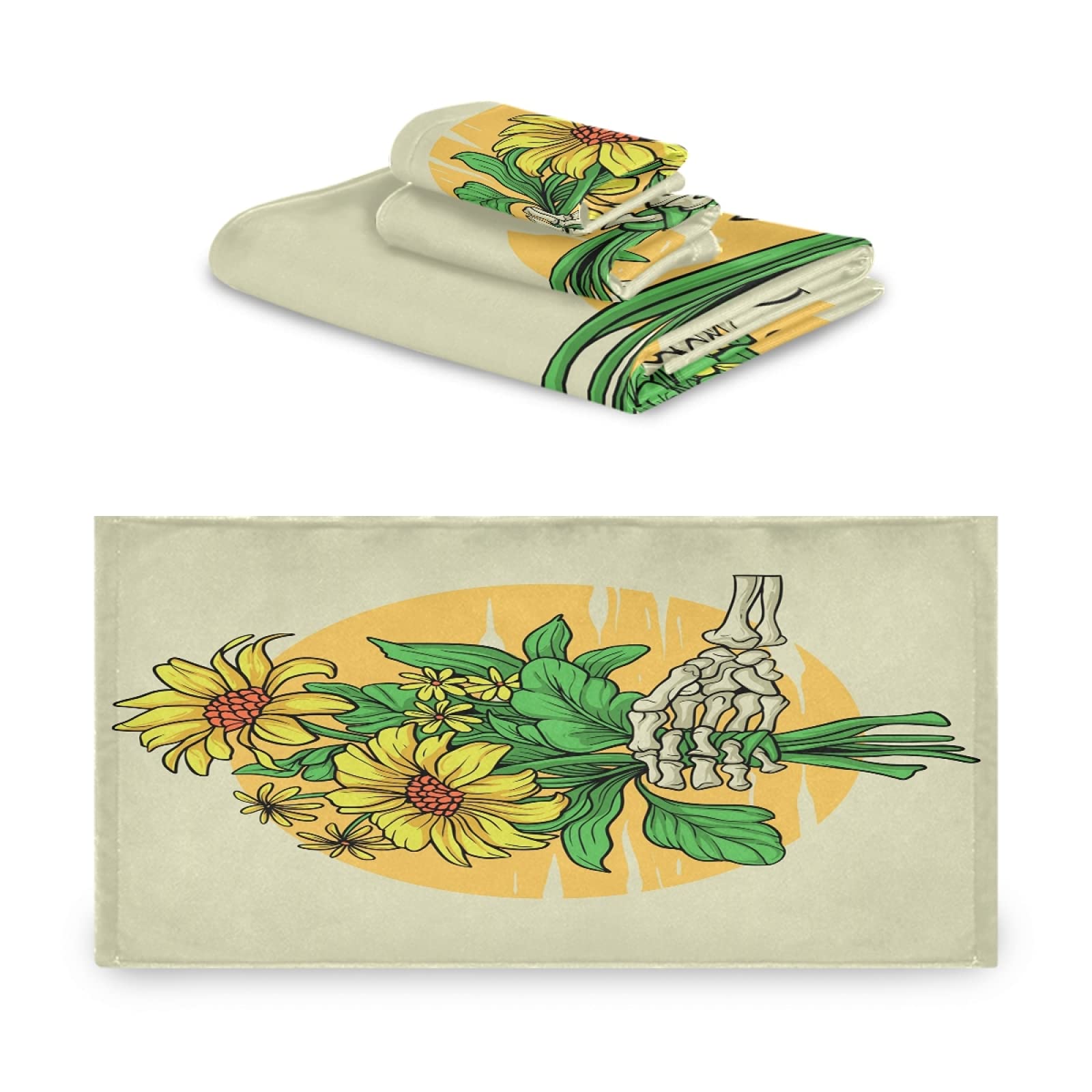 Vnurnrn Mano De Calavera Girasol Juego de Toallas para Baño Playa Toalla (1 Toalla de Baño y 1 Toalla de Mano y 1 Paño de Lavado) para Nadar Niñas Niños