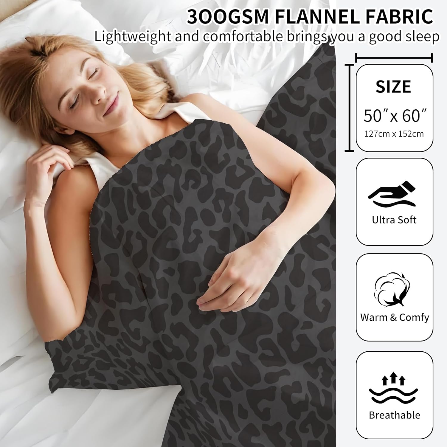 Throw Blanket for Couch, 300GSM Warm Soft Cozy Flannel Blanket, Cute Blanket for All Seasons Bedroom Home Decor Gifts, Luxury Black Leopard 50x60 Inches - Image 2