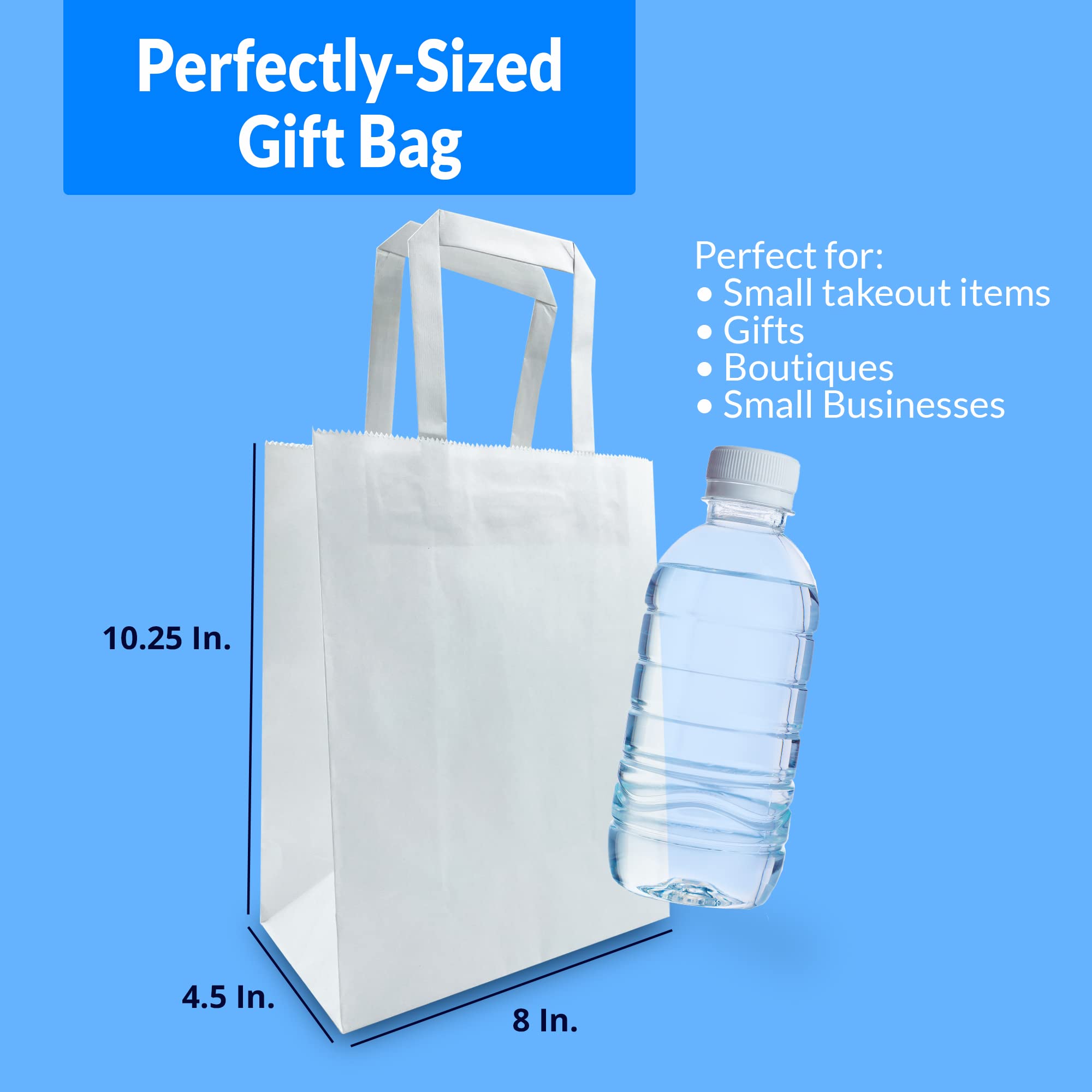 Reli. Bolsas de papel blanco | 110 piezas a granel | 8 x 4.5 x 10.2 pulgadas | Bolsas de papel blanco con asas | Bolsas de regalo de papel kraft / bolsas de compras | Pequeñas bolsas de papel para