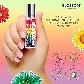 Blossom Roll on Lip Gloss, Scented Clear High Shine Moisturizing Lip Oil, Non Sticky, Infused with Real Flowers, Made in USA, 0.2oz, Strawberry Rainbow
