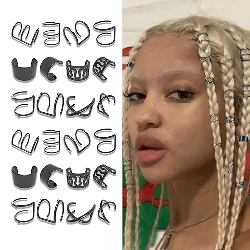 Miniatura 1 de 24 piezas de joyería de cabello negro para trenzas, aretes de metal sin perforación, joyería con diamantes de imitación de cristal, cuentas de