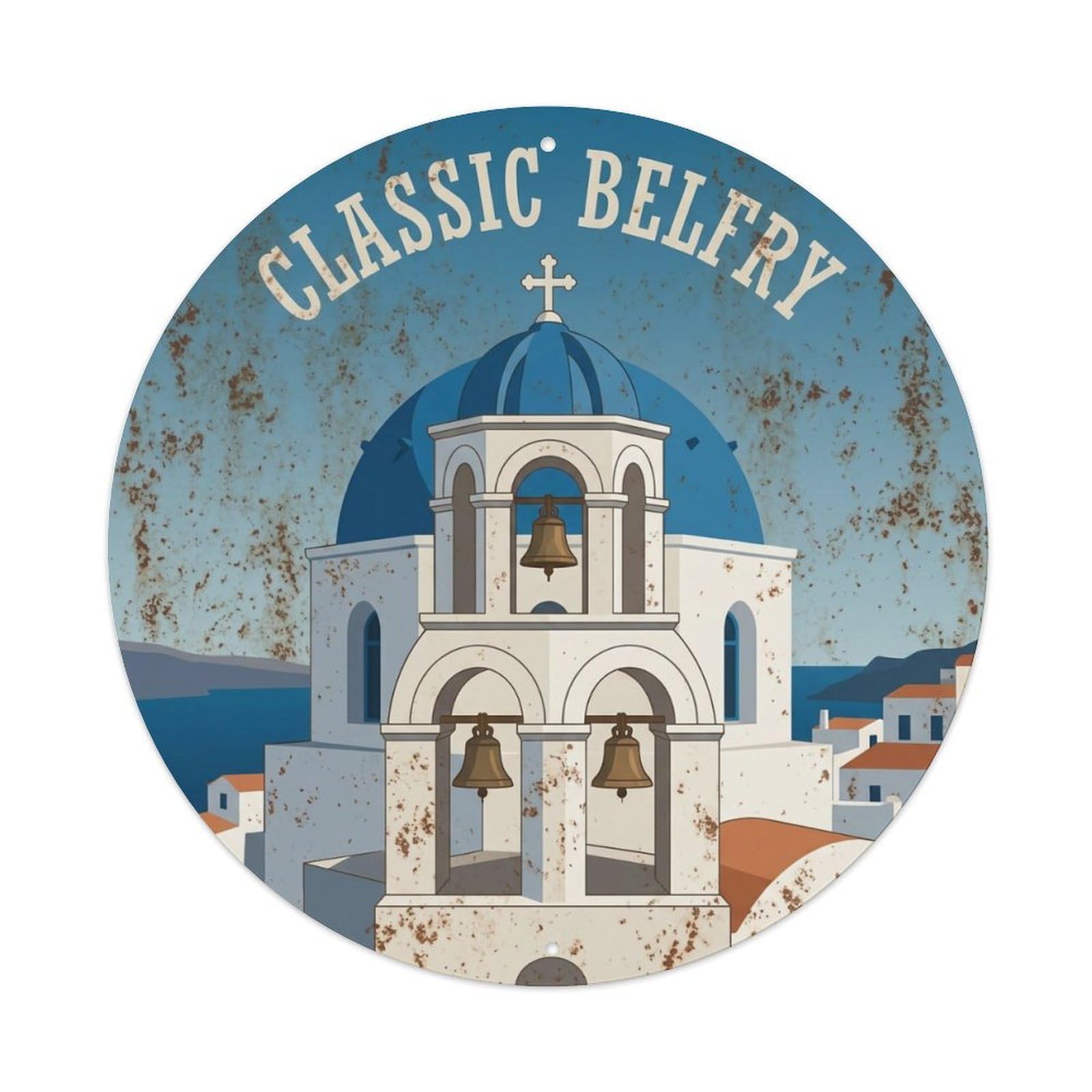 Vintage Travel Belfry Santorini Classic Metal Tin Sign