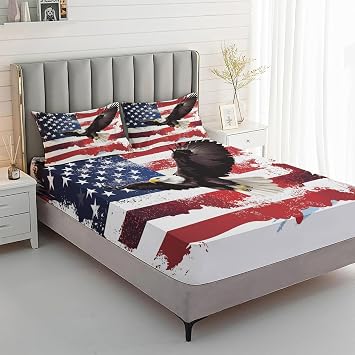 American Flag Sheets Queen Sheet Set, Eagle Bed Sheets, Wildlife Bedding Bedroom Decor, Soft Microfiber Deep Pocket Fitted Sheet & Flat Sheet & 2 Pillowcases