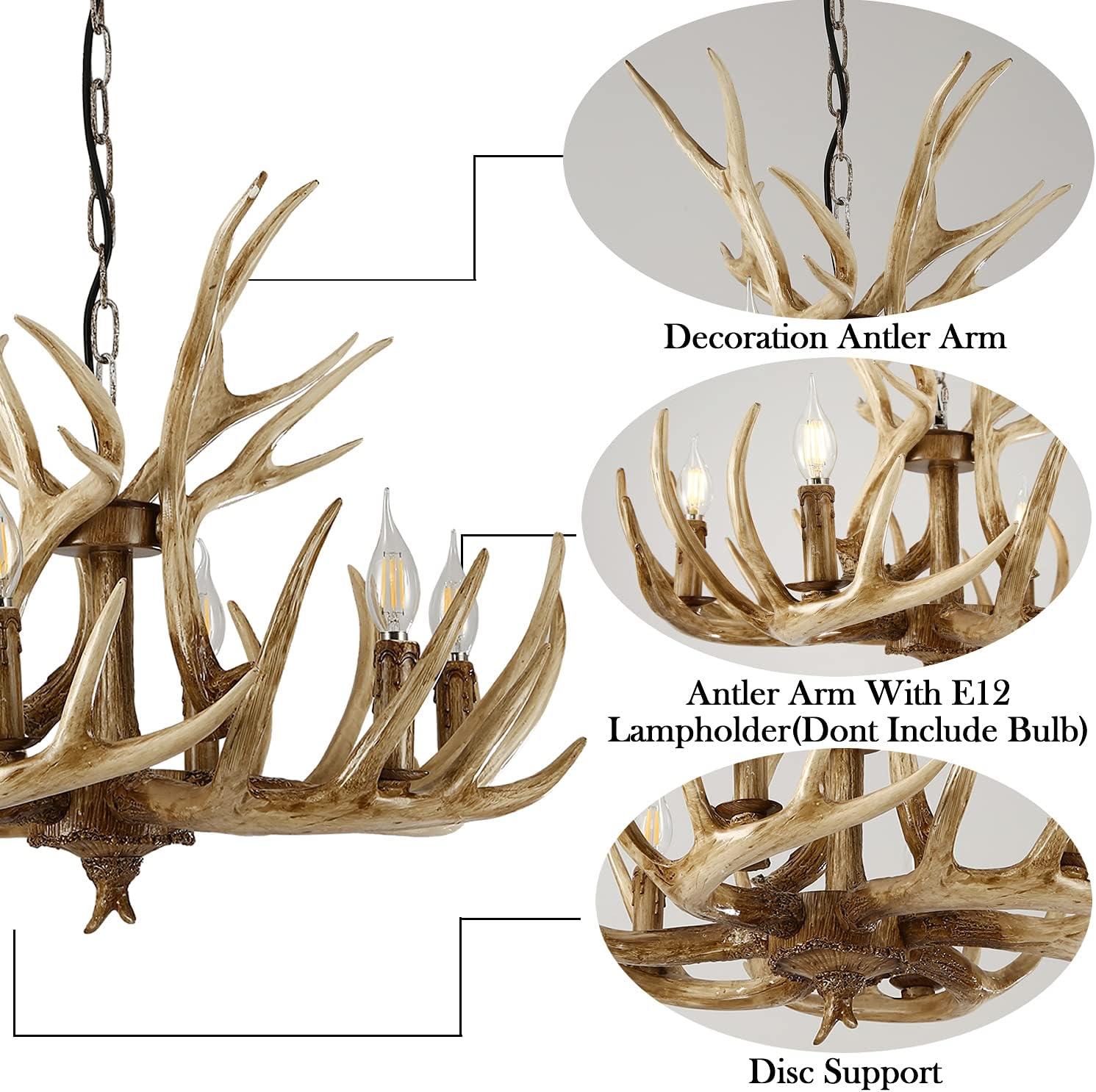 Antler Chandelier, Vintage Antler Light Fixtures,6 Light E12 Base, Deer Antler Chandelier Lighting for Home Bar Coffee Hotel Store (6 Lamp Arms+ 3 Arms)