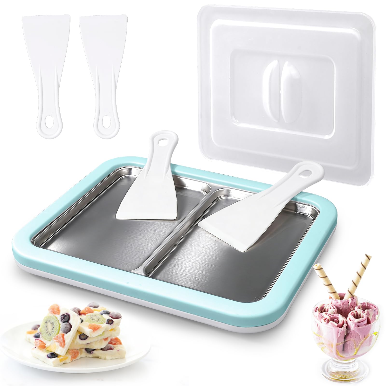 Climafusion Rolled Ice Cream Maker, Dual Trays Instant Ice Cream Maker, Food-Grade Homemade Frozen Yogurt Maker for Kids & Family, DIY Ice Roll Machine with 4 Spatulas, Dustproof Design (Mint Green)