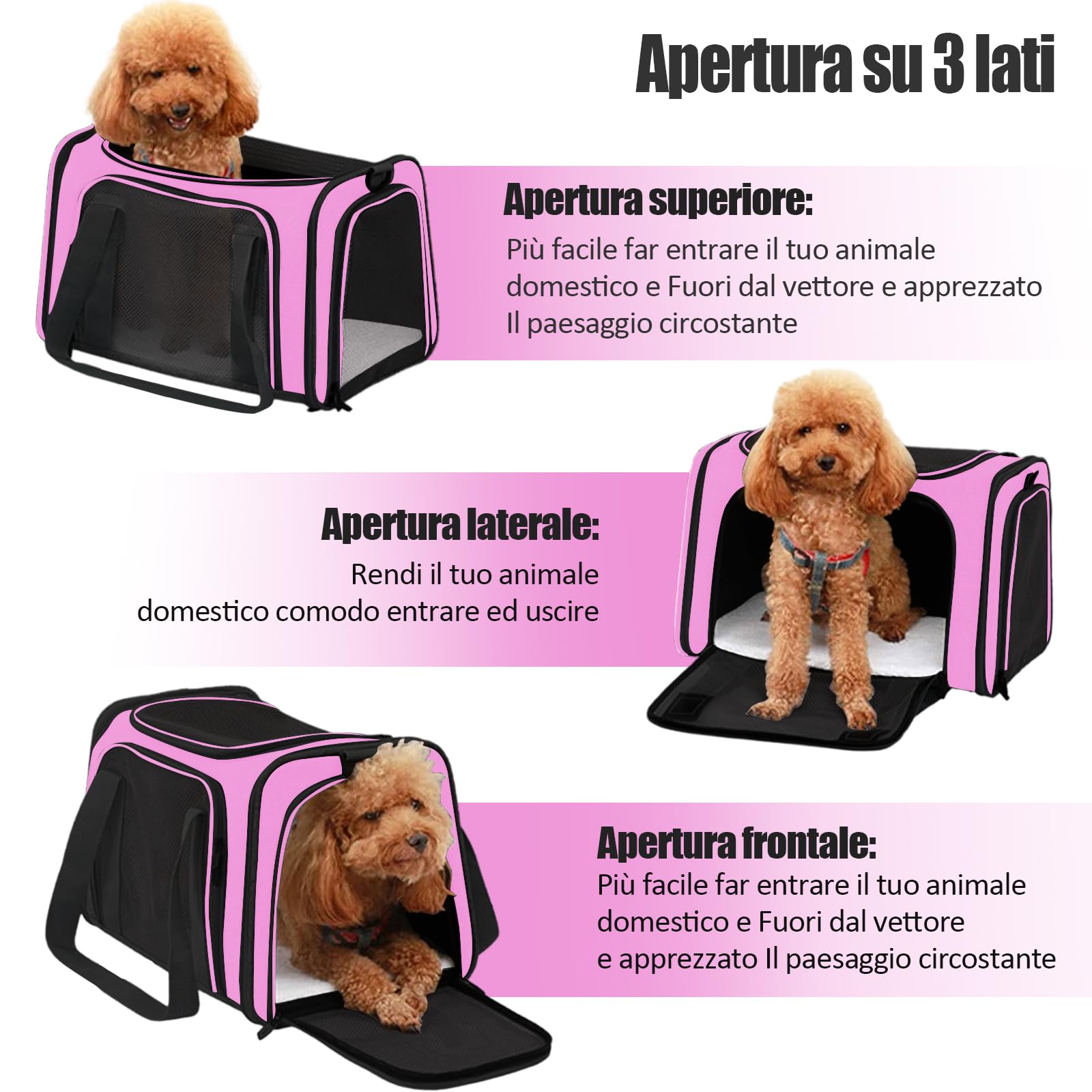 Trasportino per Cani e Gatti, Gabbietta Morbida per Animali Domestici, Tappetino Lavabile Rimovibile, con Tracolla, Borsa Ripiegabile Viaggio Sull' Aereo (L 50 x B 34 x H 34 cm, Rosa)